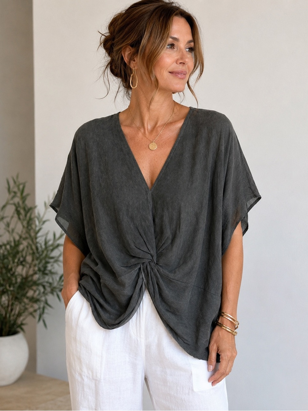 Grade & Gather Twist Front Short Sleeve Blouse Top In Gray Size M
